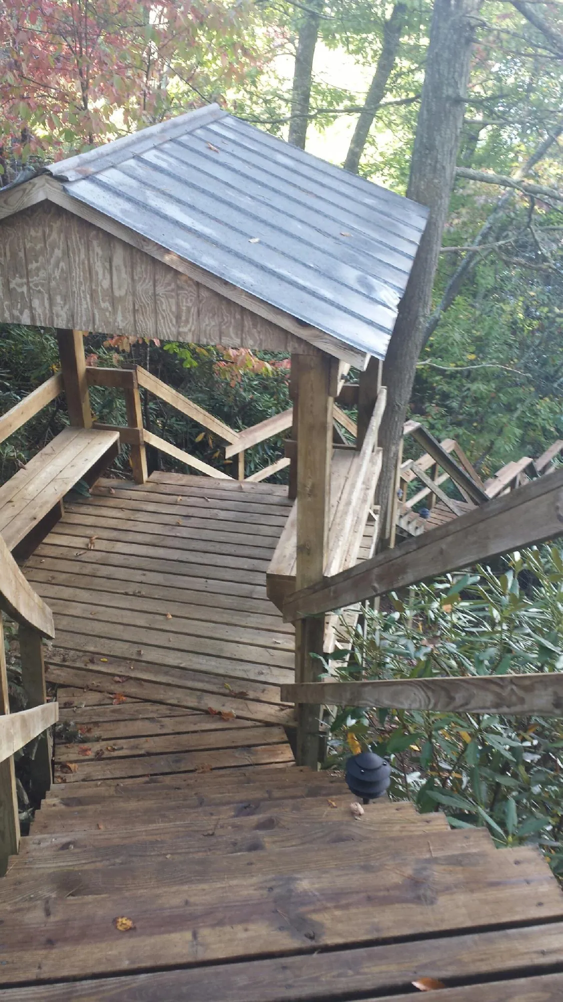 Metal roofed shelter over wooden steps on a wooded walkway — Skylight Repair & Installation work by our crew in Redfield